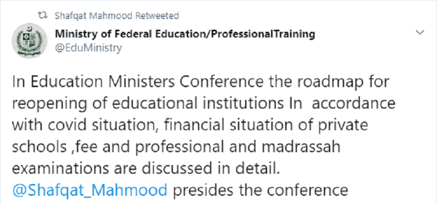 Federal Education Minister's Tweet regarding reopening of Schools