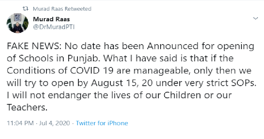 Murad Raas Tweet Regarding fake news of reopening of schools